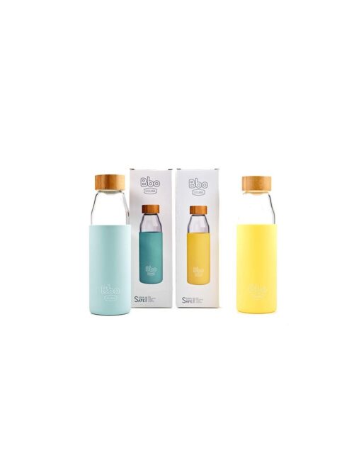 Botella de cristal silicona amarilla tapon bambu 500ml